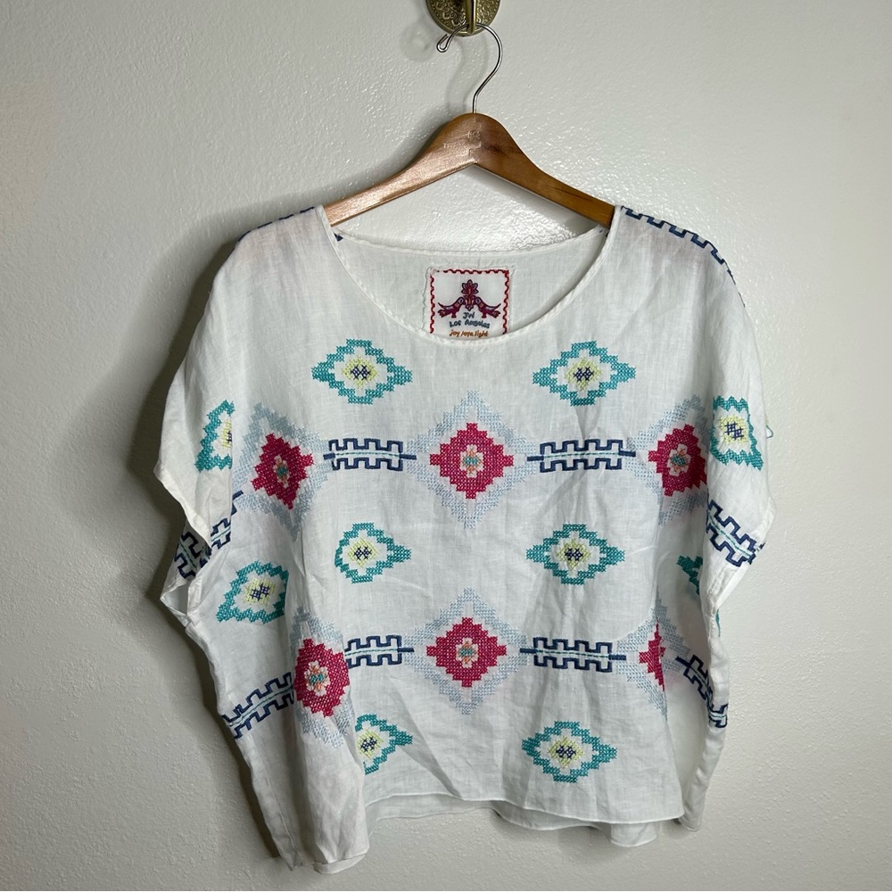Johnny Was White Tunic with Colorful Geometric Designs